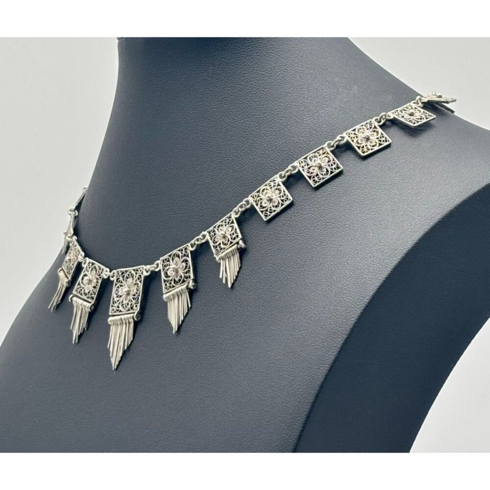 Vintage European Silver Delicate Filigree Squares Components With Dangles Collar - Picture 6 of 13